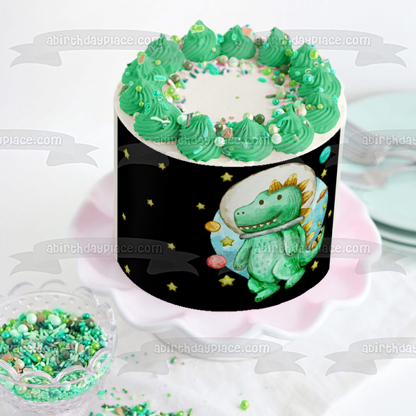 Dinosaur In Space Planets and Stars Edible Cake Topper Image ABPID54603