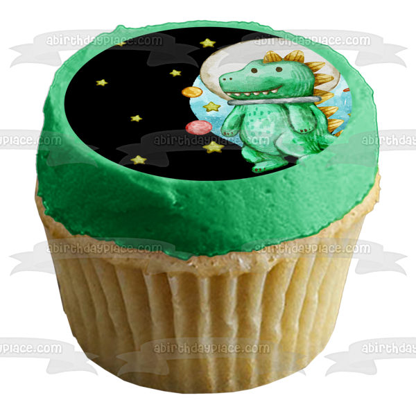 Dinosaur In Space Planets and Stars Edible Cake Topper Image ABPID54603