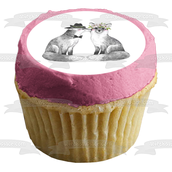 Woodland Love Foxes with Flowers Edible Cake Topper Image ABPID54608