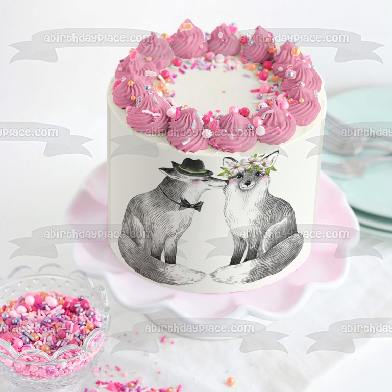 Woodland Love Foxes with Flowers Edible Cake Topper Image ABPID54608