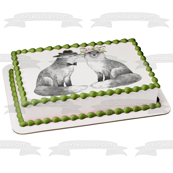 Woodland Love Foxes with Flowers Edible Cake Topper Image ABPID54608