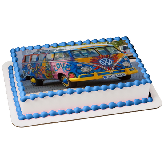 VW Van Painted Hippie Bus 70s Edible Cake Topper Image ABPID00127