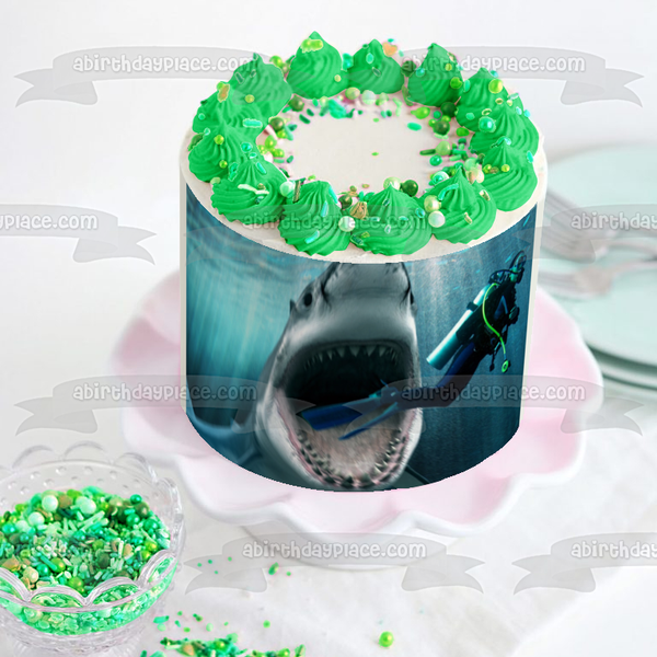 Great White Shark Mouth Open Teeth Attacking SCUBA Diver Edible Cake Topper Image ABPID00170