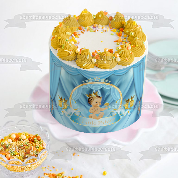 A Little Prince Baby Shower Baby Boy Gold Crown Presents Rattle Opera Stage Edible Cake Topper Image ABPID00354