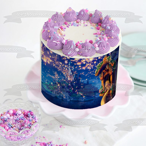 Tangled Rapunzel Out Castle Window Fireworks Edible Cake Topper Image ABPID00364