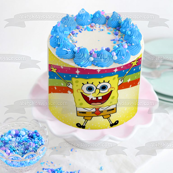 SpongeBob SquarePants Jumping Rainbow Yellow Background Edible Cake Topper Image ABPID00386