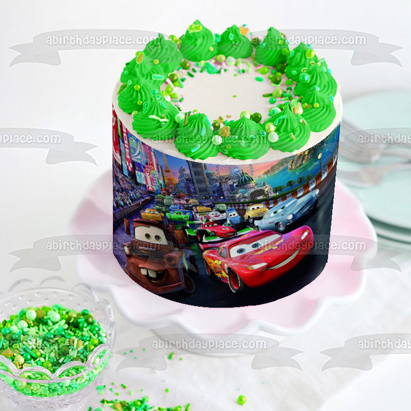 Cars Lightening McQueen Race Track Mater Sally Filmore and Luigi Racing Together Edible Cake Topper Image ABPID00528