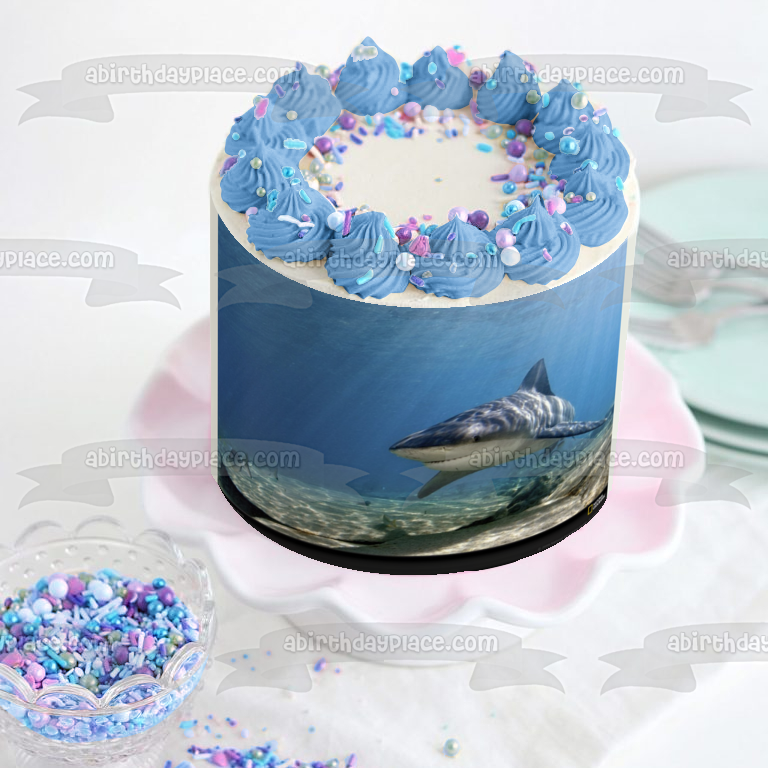 Imagen comestible para tarta con diseño de tiburón toro, pez oceánico, luz solar, ABPID00542 