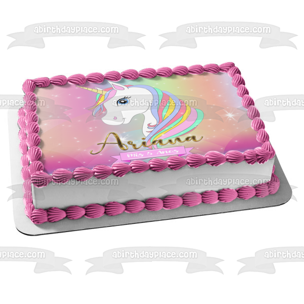 Rainbow Unicorn with Sparkles Personalize with Your Name and Age Edible Cake Topper Image ABPID54618