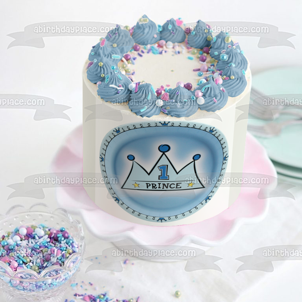 Happy 1st Birthday Prince Blue Crown Edible Cake Topper Image ABPID00858