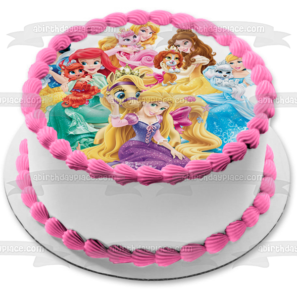 Princesses Cinderella Belle Ariel Snow White Jasmine Aurora and Their Palace Pets Edible Cake Topper Image ABPID00886
