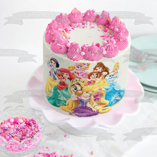 Princesses Cinderella Belle Ariel Snow White Jasmine Aurora and Their Palace Pets Edible Cake Topper Image ABPID00886
