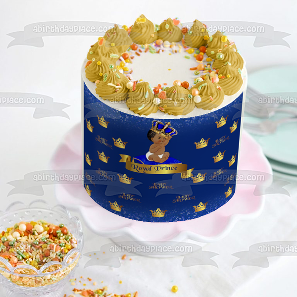 Baby Shower Royal Prince Baby Gold Blue Crown Edible Cake Topper Image or Strips ABPID00890