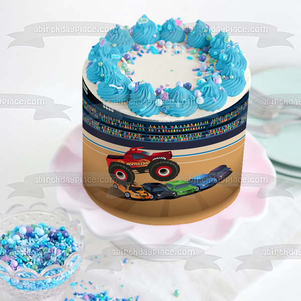 Cartoon Monster Truck Jumping Cars In a Stadium Edible Cake Topper Image ABPID00899