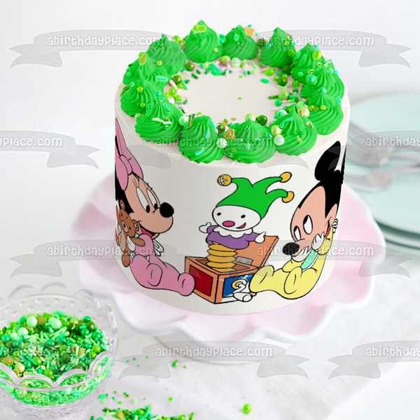 Baby Mickey Mouse and Baby Minnie Mouse Jack In the Box Edible Cake Topper Image ABPID01028