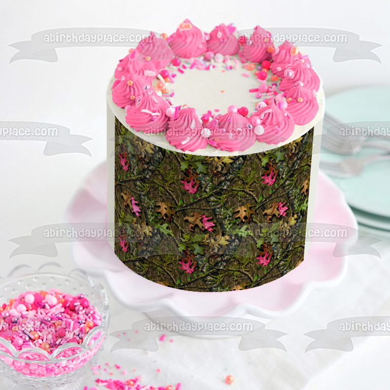 Camuflaje Camo Verde Rosa Hojas Árbol Mossy Comestible Cake Topper Imagen ABPID01068 
