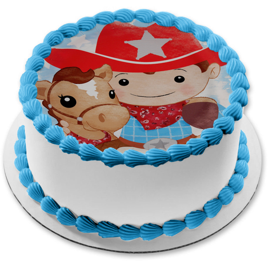 Cowboy and Horse Bandannas Red Cowboy Hat and Stars Edible Cake Topper Image ABPID01210