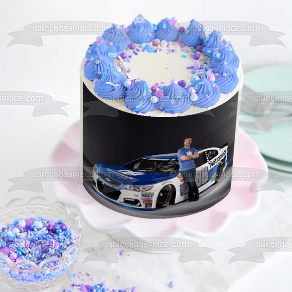 Nascar Dale Jr. Standing by Race Car Edible Cake Topper Image ABPID01357