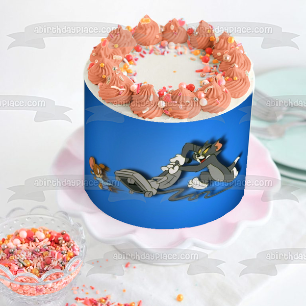 Tom and Jerry Chasing with a Vaccuum and a Blue Background Edible Cake Topper Image ABPID01405