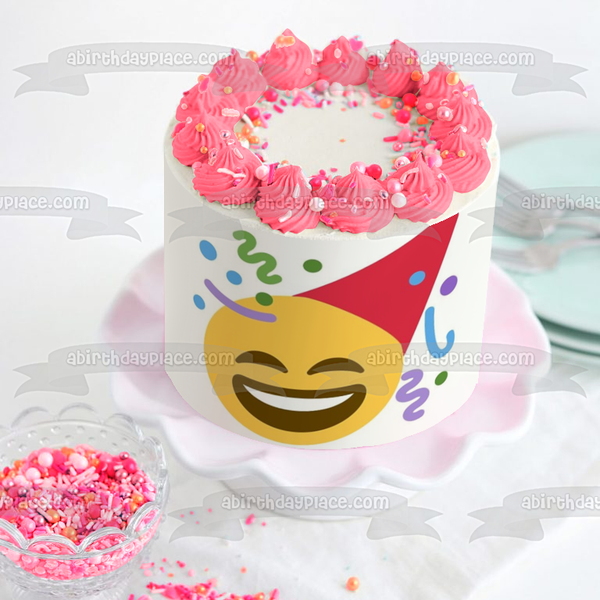 Party Hat Happy Emoji with Streamers Edible Cake Topper Image ABPID01506