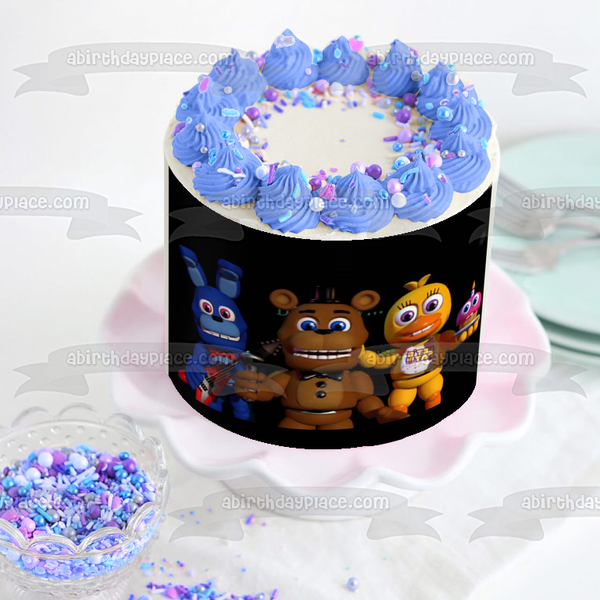 Five Night's at Freddy Babies Chica Bonnie Cupcake with a Black Background Edible Cake Topper Image ABPID01489