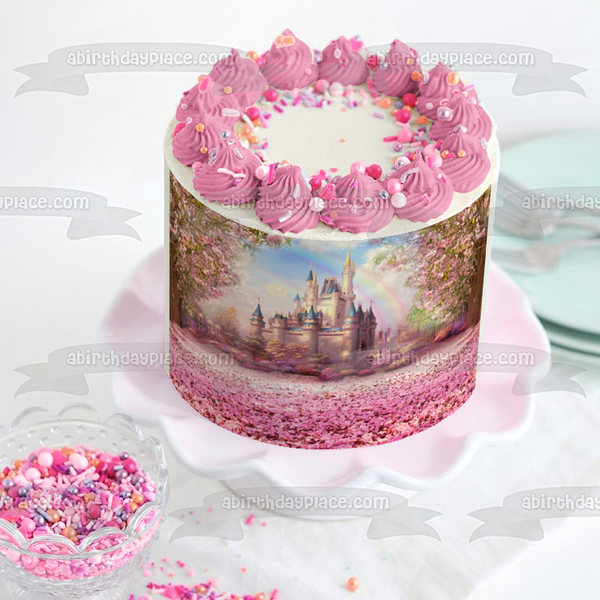 Snow White Castle Pink Flowers and a Rainbow Edible Cake Topper Image ABPID01546