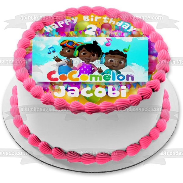 African American Cocomelon Kids Balloons Music Notes Edible Cake Topper Image ABPID54644