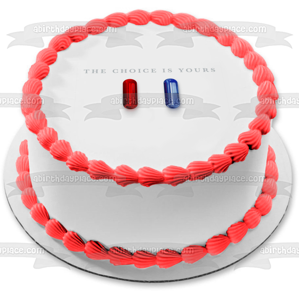The Matrix Resurrections "The Choice Is Yours" Red Pill or Blue Pill Edible Cake Topper Image ABPID54723