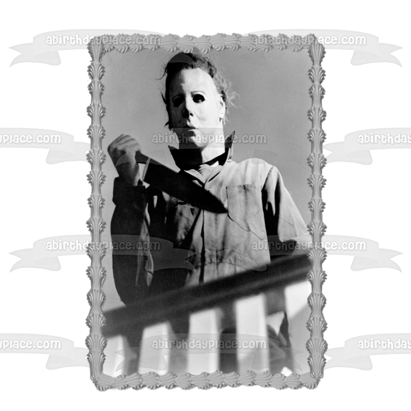 Halloween Michael Myers with a Knife Black and White Photo Edible Cake Topper Image ABPID54951