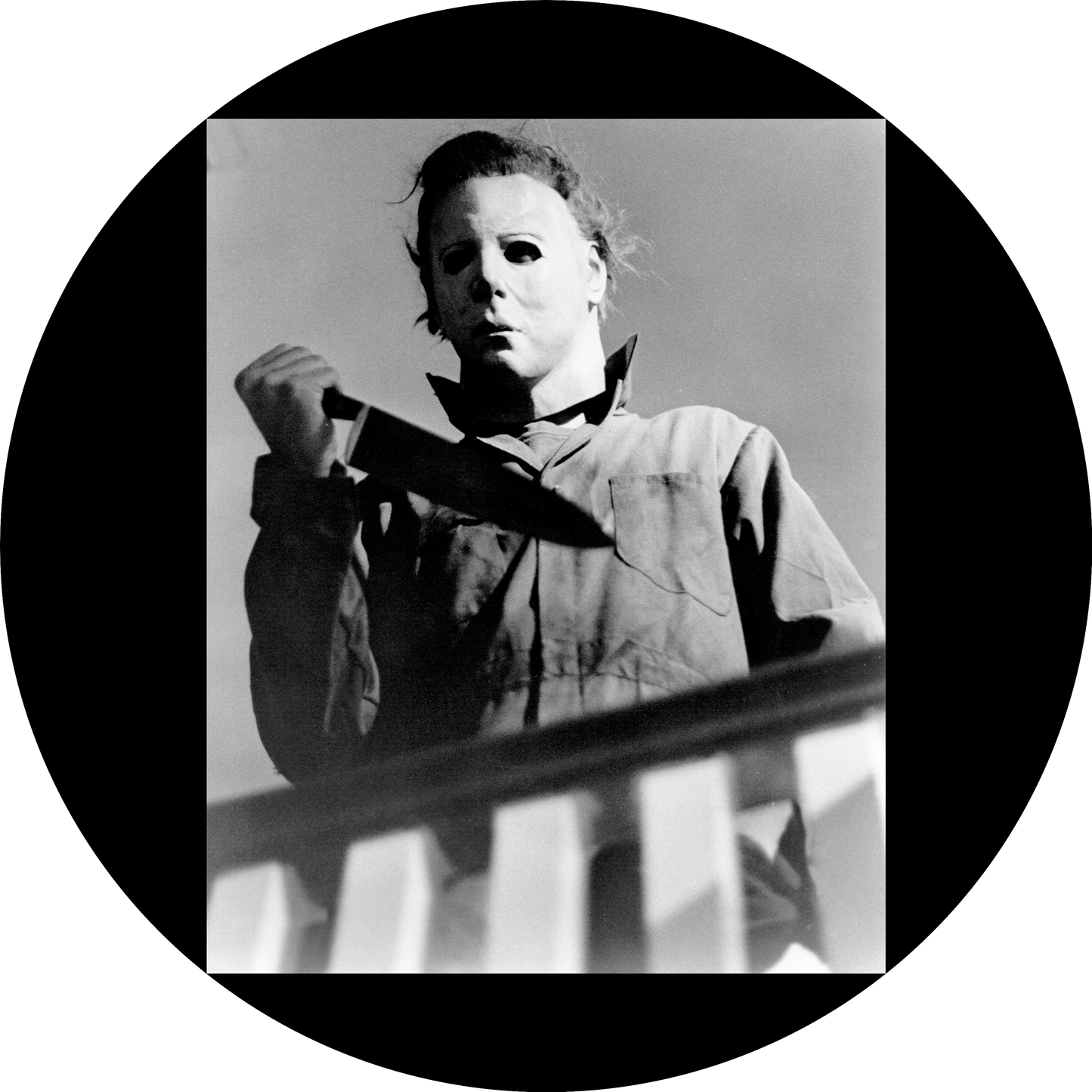 Halloween Michael Myers with a Knife Black and White Photo Edible Cake Topper Image ABPID54951