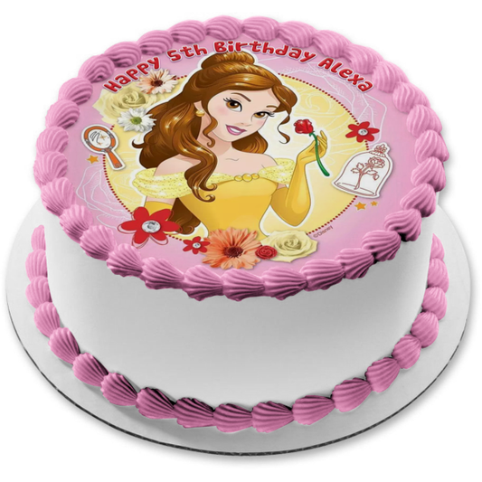 Disney Princess Beauty and the Beast Belle Rose Mirror Flowers Edible Cake Topper Image ABPID22157