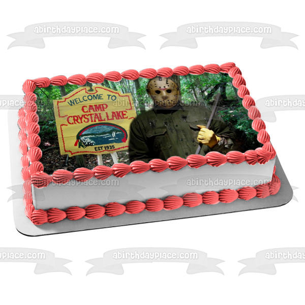 Friday the 13th Camp Crystal Lake Sign and Jason Voorhees Edible Cake Topper Image ABPID55020