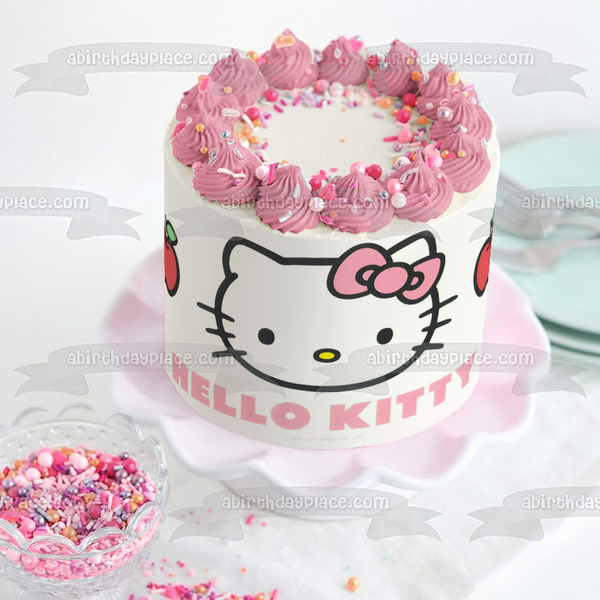 Hello Kitty Logo Pink Bow Apples Gijinka Edible Cake Topper Image ABPID01694