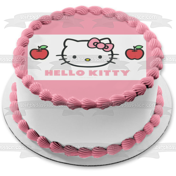 Hello Kitty Logo Pink Bow Apples Gijinka Edible Cake Topper Image ABPID01694
