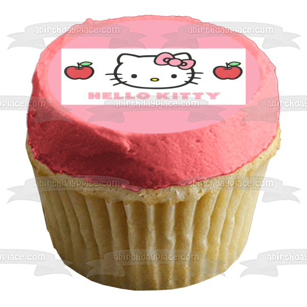 Hello Kitty Logo Pink Bow Apples Gijinka Edible Cake Topper Image ABPID01694