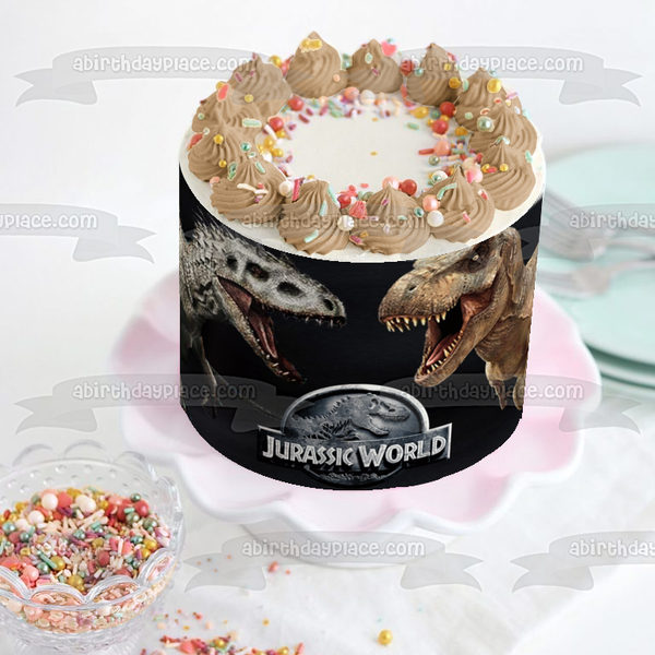 Jurassic World Logo Indominus Rex and Tyrannosaurus Rex Dinosaurs Edible Cake Topper Image ABPID01695