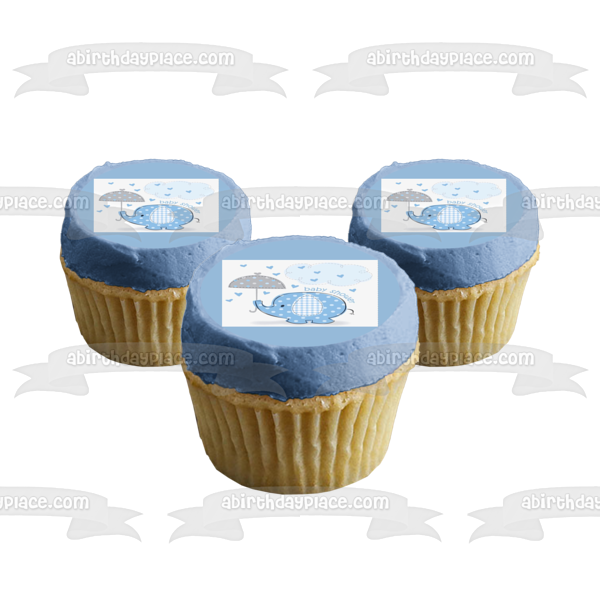 Little Blue Elephant with Umbrella Boy Baby Shower Edible Cake Topper Image ABPID00037
