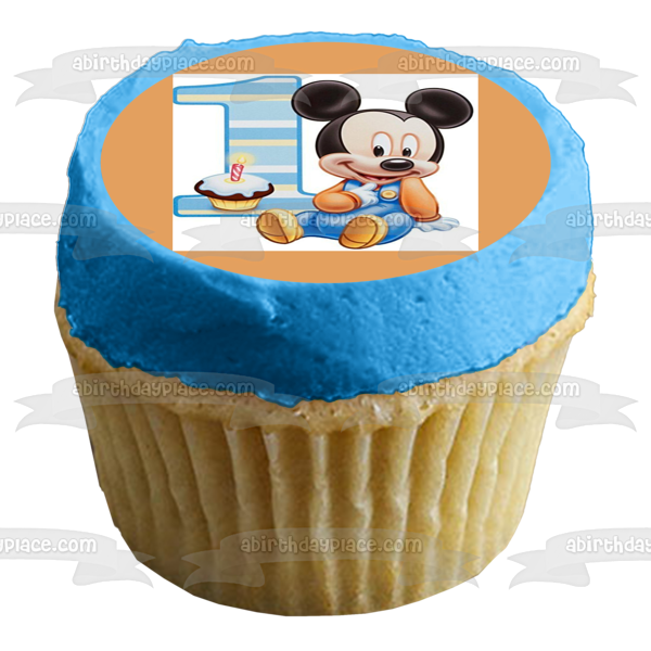 Baby Mickey Mouse 1st Birthday Cupcake and Candle Edible Cake Topper Image ABPID00096