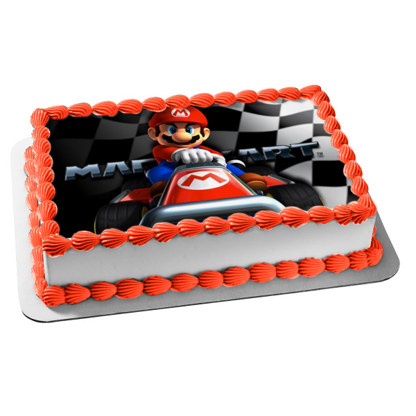 Super Mario Bros. Mario Kart Checkered Flag Edible Cake Topper Image ABPID00147