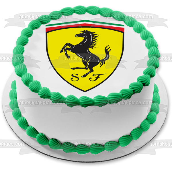 Ferrari Logo Black Prancing Horse Yellow Background Edible Cake Topper Image ABPID00221