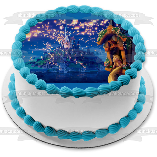 Tangled Rapunzel Out Castle Window Fireworks Edible Cake Topper Image ABPID00364