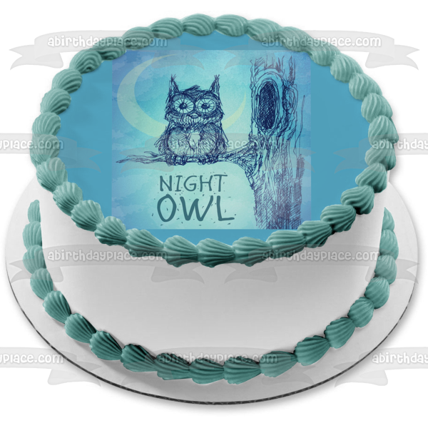 Night Owl Owl In a Tree Moonlight Blue Background Edible Cake Topper Image ABPID00374