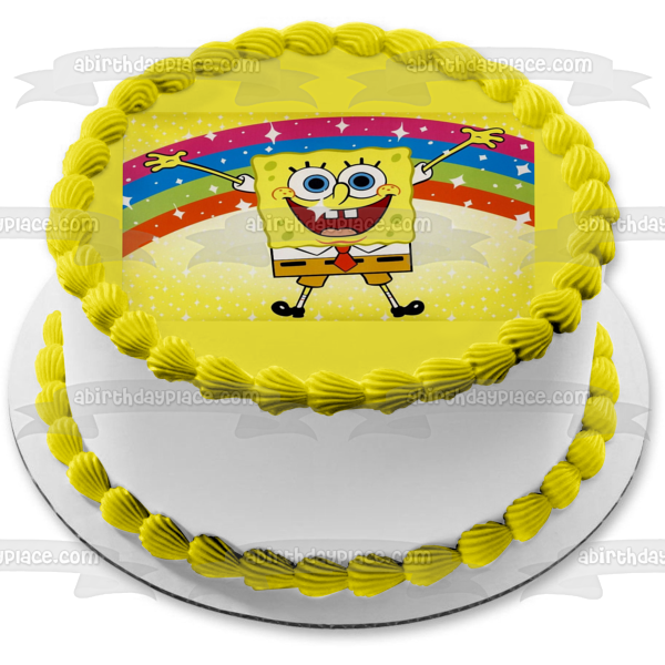 SpongeBob SquarePants Jumping Rainbow Yellow Background Edible Cake Topper Image ABPID00386
