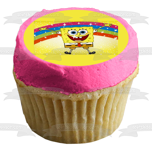 SpongeBob SquarePants Jumping Rainbow Yellow Background Edible Cake Topper Image ABPID00386