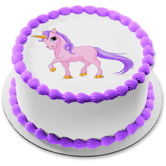 Imagen comestible para decoración de tarta, unicornio rosa, pelo morado, pierna hacia arriba, ABPID00416 