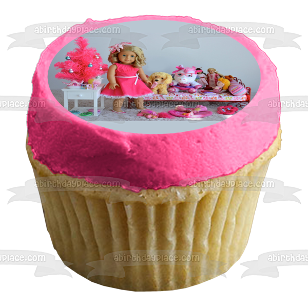 American Girl Fashion Doll with a Dog Unicorn and Accessories Edible Cake Topper Image ABPID00461