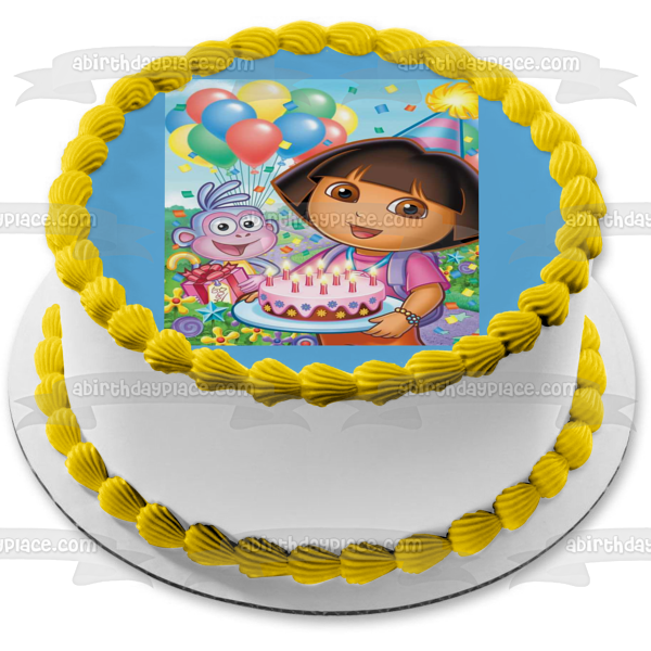 Dora the Explorer Boots Birthday Party with Party Hats Balloons and a Cake Edible Cake Topper Image ABPID00518