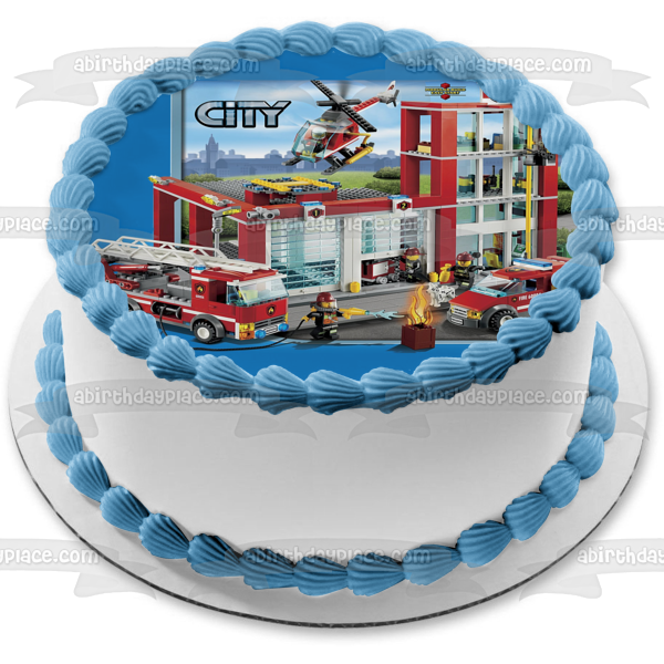 LEGO Firestation City Fire Truck Firefighter Helicopter Edible Cake Topper Image ABPID00537