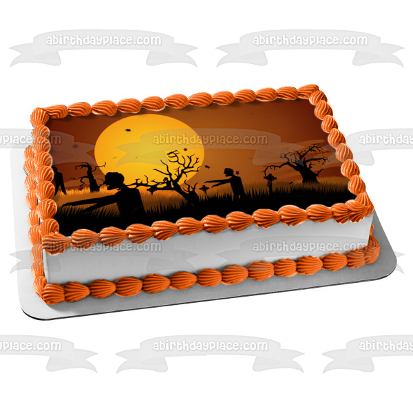 Zombie Graveyard Silhouette Happy Halloween Edible Cake Topper Image ABPID00579