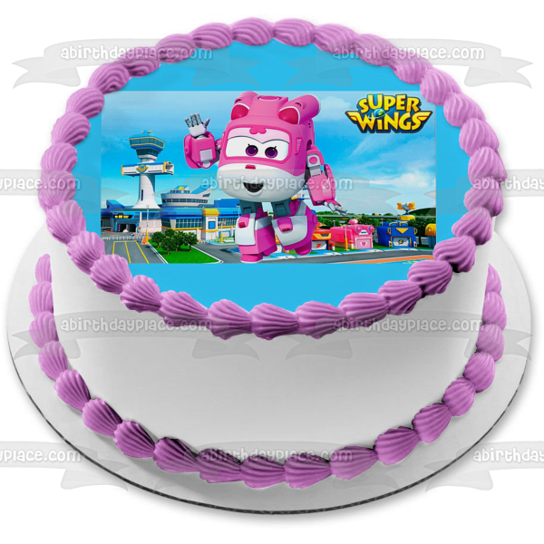 Super Wings Dizzy Pink Helicopter Rescue Waving Edible Cake Topper Image ABPID00654